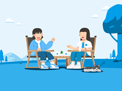 Consultation with Psychologist Illustration | Mental Health blue branding cat character graphic design healthcare hero image illustration mascot mental health mountain psychologist tree