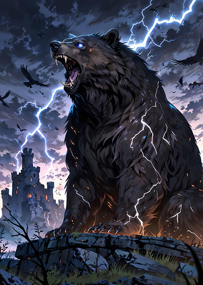 Stormbreaker: The Wrath of the Thunder Bear anime art bear cloud dark fantasy fantasy illustration landscape magic nature night