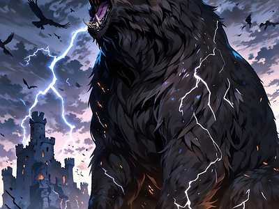 Stormbreaker: The Wrath of the Thunder Bear anime art bear cloud dark fantasy fantasy illustration landscape magic nature night