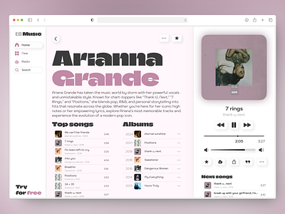 Music Desktop album art ariana grande artist profile creative ui desktop ui drag and drop figma interactive design media player minimalist design modern ui motion design music app music interface music player playlist design streaming app ui design user interface ux design