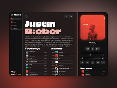 Desktop Music App - Justin Bieber app prototype artist profile clean design desktop design desktop ui drag and drop figma interactive design justin bieber modern ui motion design music app music interface music player playlist design pop music streaming app ui design user interface ux design