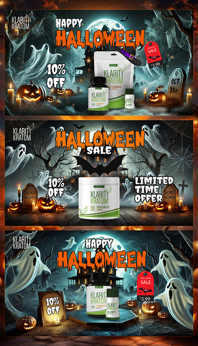 Spooky Halloween Marketing Banners ghost and pumpkin themed design halloween banner design halloween product promotion halloween sale banners haunted halloween banners klarity kratom medical product promotion scary seasonal marketing design spooky graphic design