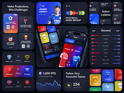 Football Social Betting App Concept app bento bento grid calendar concept contacts dark theme design football gambling game leaderboard mobile playful prediction rankings soccer sport team ui