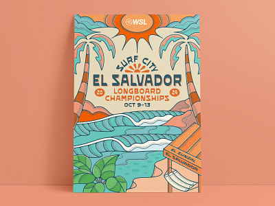 World Surfing El Salvador Longboard Longboard Championship Art el salvador longboard surfing palm tree design sun surf surf artist surf brand surf championship surf designer surf poster surfing waves world surf league wsl