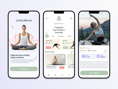 Yoga Application - LotusWave app application art artist branding color design designer excercise figma logo meditation minimal mobile mobileapp training ui uidesign uiux yoga