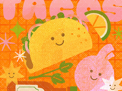 🌮✨ Day 10: Pixel + Taco Fixings! cute design digital digital illustration drawtober food halftone illustration peachtober robin sheldon taco tacos