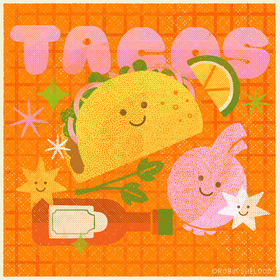 🌮✨ Day 10: Pixel + Taco Fixings! cute design digital digital illustration drawtober food halftone illustration peachtober robin sheldon taco tacos