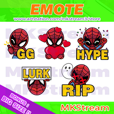 Emotes Chibi Spiderman gg, love, hype, lurk & rip pack animated emotes anime design discord stickers emote emotes gg hero hype illustration love lurk rip spiderman spiderman emoji spiderman emotes spiderman stickers sub badge super heroes twitch emotes