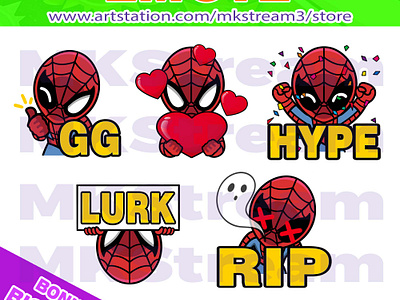 Emotes Chibi Spiderman gg, love, hype, lurk & rip pack animated emotes anime design discord stickers emote emotes gg hero hype illustration love lurk rip spiderman spiderman emoji spiderman emotes spiderman stickers sub badge super heroes twitch emotes