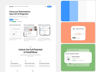 HealthEase - Telemedicine Landing Page ai integration ai platform ai technology ai telehealth clean design health health analysis health care health tracker landing page medicine minimalist pharmacy web smart app telemedicine telemedicine website ui ux website