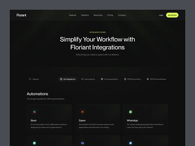 Florant - Integrations barly card clean dark design designer finance financial fintech integration landing page ui uidesign ux uxdesign uxerflow web web design website