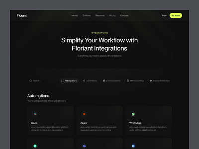 Florant - Integrations barly card clean dark design designer finance financial fintech integration landing page ui uidesign ux uxdesign uxerflow web web design website