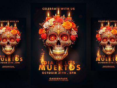 Dia de los Muertos Flyer Invitation catrina creative creativeflyers dia de los muertos fiesta fire fire effects flyer templates graphic design halloween mexican party photoshop poster skull