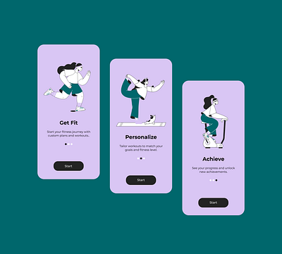 Fitness App || Onboarding screens design exercise fitness goals fit journey fit life fitness fitness app fitness community gym health illustration motivation onboarding screens progress tracking training ui ui design user interface visual design workout