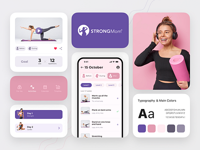 Design Elements of Fitness Service | StrongMom bento grids branding coach fitness app graphic design gym icons logo mobile app mom app motherhood online fitness app online training pink pregnancy pregnant sport typography video training workout