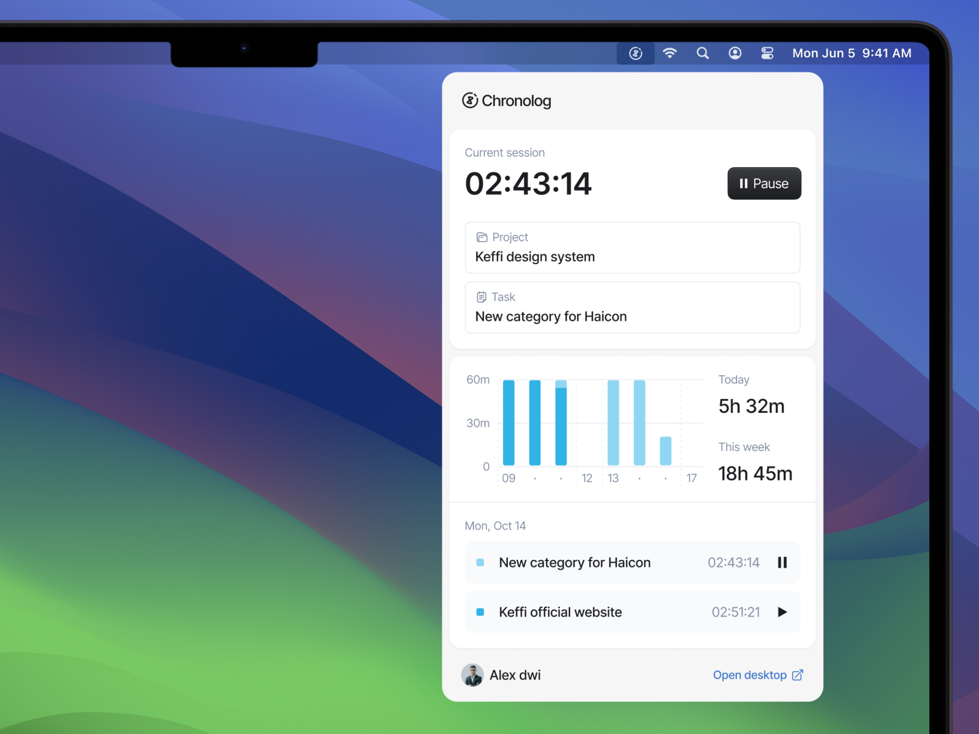 Example of Chronolog - Time tracker widget (macOS)