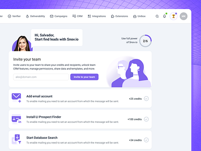 Welcome page. Snov.io. Concept email outreach email settings hello linkedin outreach onboarding page product design snov.io ui ux welcome page