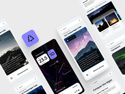 TrailBlaze - Mobile Design adventure app appdesign clean layout design gps trails hiking minimalist ui minimalistdesign mountain nature night trails outdoor trekking ui uidesign userexperience ux