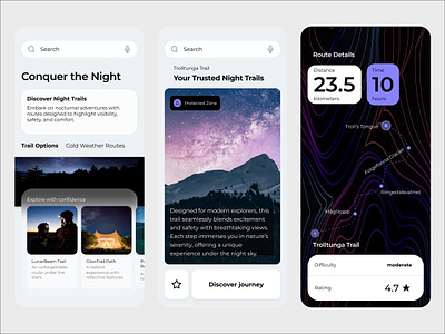 App Design for Night Trail Exploration app appdesign branding dark mode design illustration intuitive navigation minimalist ui minimalistdesign mountain nature ui uidesign userexperience ux