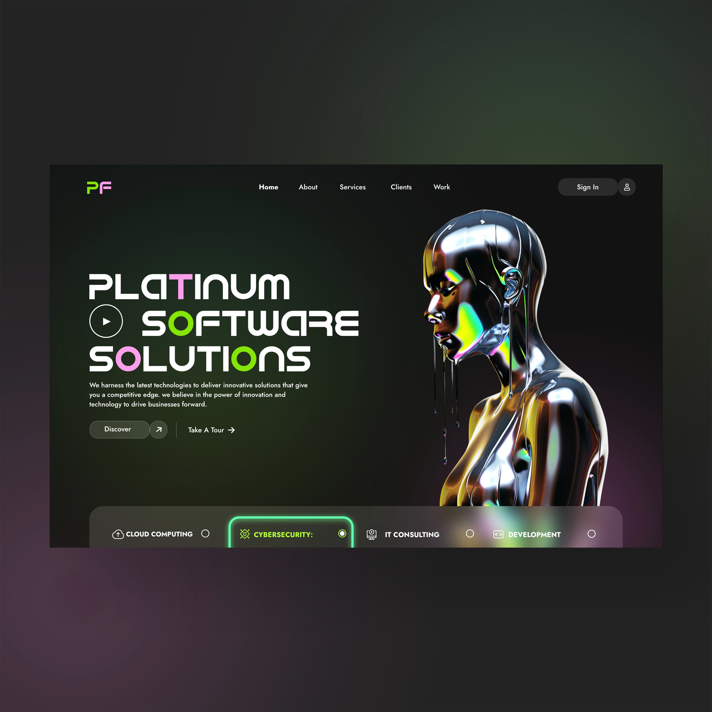 Platinum Software Solutions Web Ui Landing Page Shot ai artificial intelligence branding chrome design graphic design illustration it liquid chrome midjourney photography saas tech ui ui design ux ux design web design web development