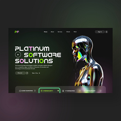 Platinum Software Solutions Web Ui Landing Page Shot ai artificial intelligence branding chrome design graphic design illustration it liquid chrome midjourney photography saas tech ui ui design ux ux design web design web development