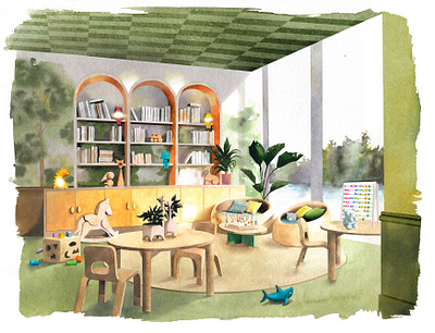 Interior of a kindergarten aquarelle art drawing ill illustration interior kindergarten painting render visualization watercolor watercolour watercolour interior