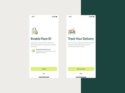 Grocery Mobile App - Onboarding app delivery design face id flow green grocery id illustration lock map mobile onboarding pin settings splash track ui ux