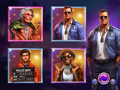 Miami Slot Game Elements 2d arts animation casino character design gambling game game art game background game ui graphic design igaming illustrations miami original games policeman slot slot casino