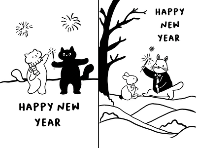 New Year Eve Celebration Illustration with Bunny and Cat traditional