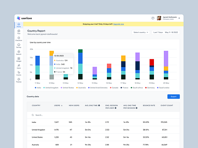 SaaS country report analytics country data mockup user flow user interface user research website