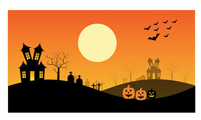 Landscape illustration for Halloween autumn background bat children cross fall grave halloween haunted horror house illustration isolated moon orange pumpkin spooky vector