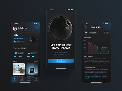 Eco friendly smart home mobile app animation blue ui clean darkmode dishwasher eco friendly energy saving internet of things iot minimalist design mobile app smart app smart dishwasher smart home sustainability