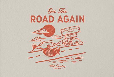 On The Road Again armadillo branding dead desert design graphic design hillcountry illustration illustration art ontheroad ontheroadagain roadsign sun texas texassun texture typography vector