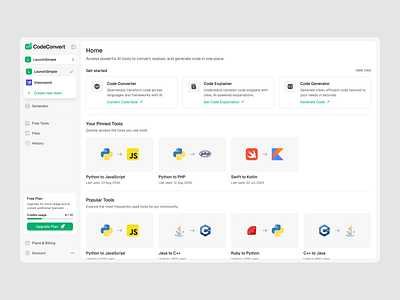 CodeConvert — Home ai code code generator dashboard dropdown product product design saas sidebar team switcher tool ui ui design ux ux design web web app web design