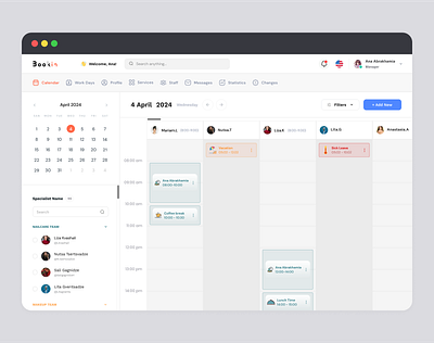 Bookin - Calendar Page 3d admin admin dashboard animation booking branding calendar dashboard management organization organizer salon salon services services staff team time management ui ux web design