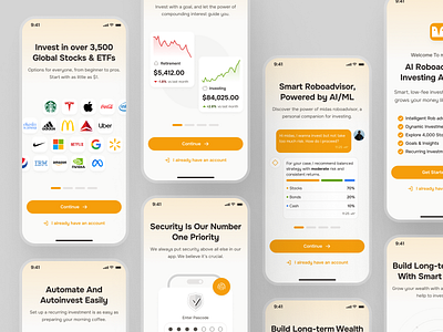 midasmind: AI Investing Roboadvisor App - Welcome Screen UIUX ai finance app ai investing app ai roboadvisor app clean finance app finance ui finance ui kit investing app investing ui kit minimal onboarding onboarding screen onboarding ui orange roboadvisor roboadvisor app roboadvisor ui user onboarding welcome screen yellow