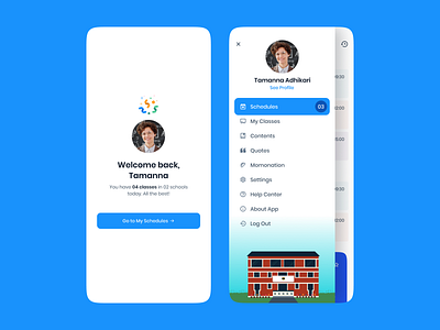 Onboarding and Sidebar Exploration blue branding building dribbble education flat design graphic design illustration minimal mobile mobile app nepal onboarding schedules school ui welcome