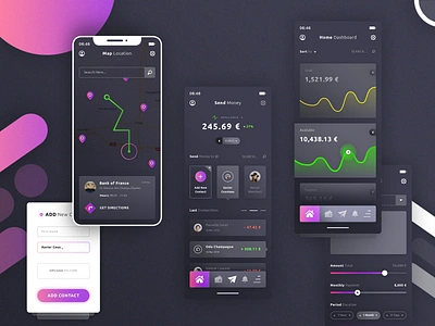 Financial App add contact add new card amount monthly app application android ios brand branding dark ui ux filters progress bars get direction graphic design home dashbaord wallet illustrator ai last transactions mockup photoshop psd pins map location send money send money to statistics curves typo typography