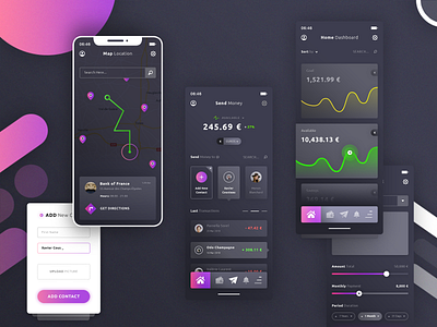 Financial App add contact add new card amount monthly app application android ios brand branding dark ui ux filters progress bars get direction graphic design home dashbaord wallet illustrator ai last transactions mockup photoshop psd pins map location send money send money to statistics curves typo typography
