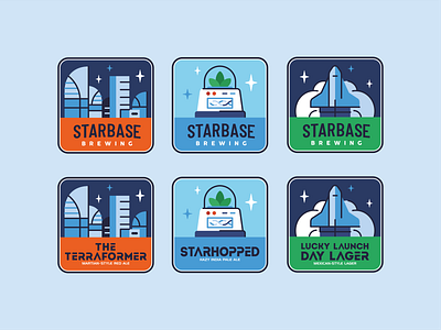 Starbase Coasters badge branding brewing city coasters craft beer design graphic design hops icon set illustration ipa mars nasa rocket space space x spaceship starbase vector