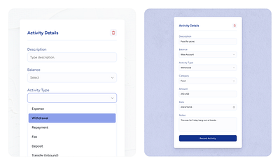 DRAWER- ACTIVITY DETAILS design drawer finance popup product design tracker ui ui ux web web design