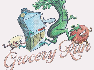 Grocery Run - vintage style duplitone apparel arrin cartoon celery design duplitone egg evolution illustration milk retro running style tomato vegetables vintage