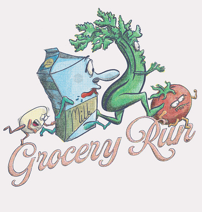 Grocery Run - vintage style duplitone apparel arrin cartoon celery design duplitone egg evolution illustration milk retro running style tomato vegetables vintage