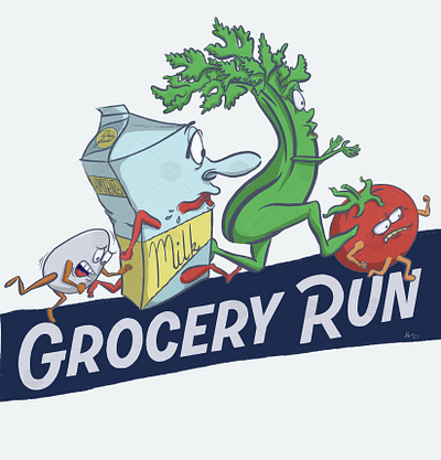 Grocery Run - Ink Rendering apparel arrin cartoon celery design egg evoluiton food funny illustration ink rendering milk running tomato vegetables