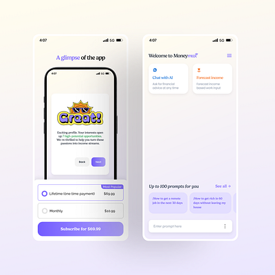 Paywall and home screen for AI finance app. branding design graphic design illustration logo minimal typography ui ux vector