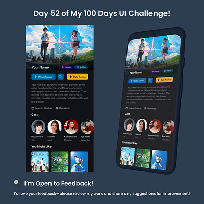 Day 52/100 - Anime Details Screen for a Video Streaming App UI anime anime app app design app ui appui daily ui daily ui challenge dailyui dailyuichallenge figma figmadesign mobile app mobile ui mobile ui design mobileui ott ott app ott app ui video app
