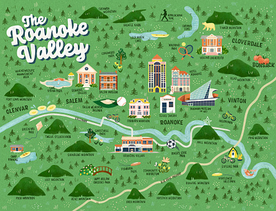 Roanoke Valley, Virginia architecture editorial illustration illustrated map illustrated place illustration map map design map maker roanoke virginia virginia