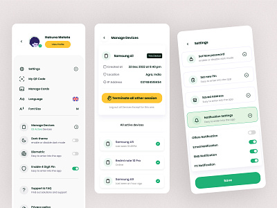 Menu Setting other pages for Alquaseh 2024 arabic ui bank ui device management finance ui financial ui fintech app fintech ui green ui menu setting minimal ui mobile app mobile ui neel litoriya saloneel saloni setting ui ui ux