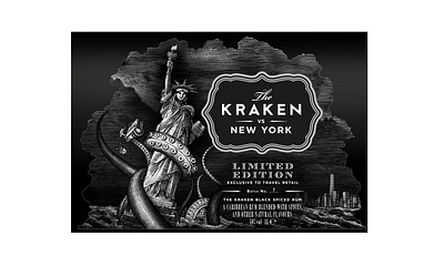 Kraken vs. New York Label Illustrated by Steven Noble artwork branding design engraving etching illustration kraken rum kraken vs new york line art scratchboard steven noble woodcut