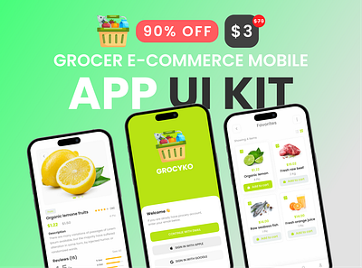 GROCYKO - Grocery E-Commerce Mobile App UI Kit (55+ Screens) app branding design figma ui kit food app design graphic design grocery ap grocery app illustration logo mobile app design typography ui ui kits ux vector